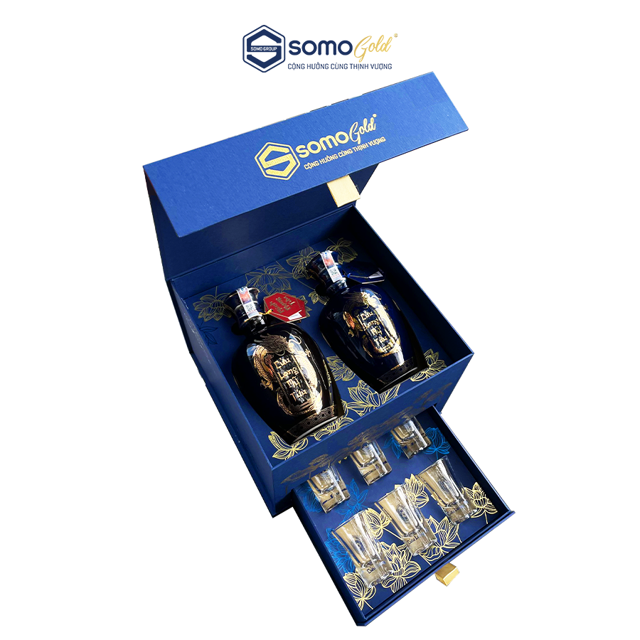 Hộp quà THỊNH VƯỢNG | Minh Mạng Tửu + Hoàng Hoa Tửu - Bình sứ Bát Tràng (500ml & 700ml) + 6 ly 35ml